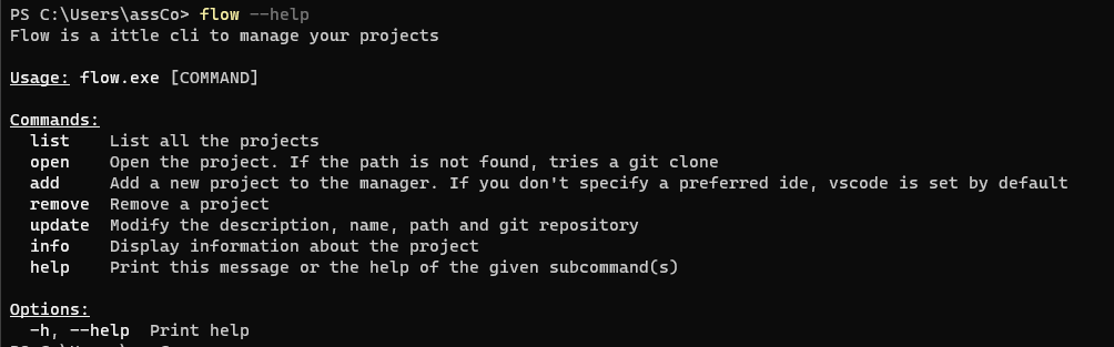The help command of the tool